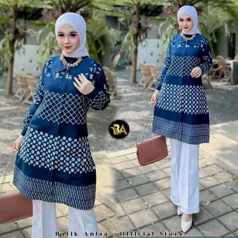 Baju Batik Couple Pasangan Keluarga Lebaran 2025 Motif Jaring Navy Matt Katun Premium 3