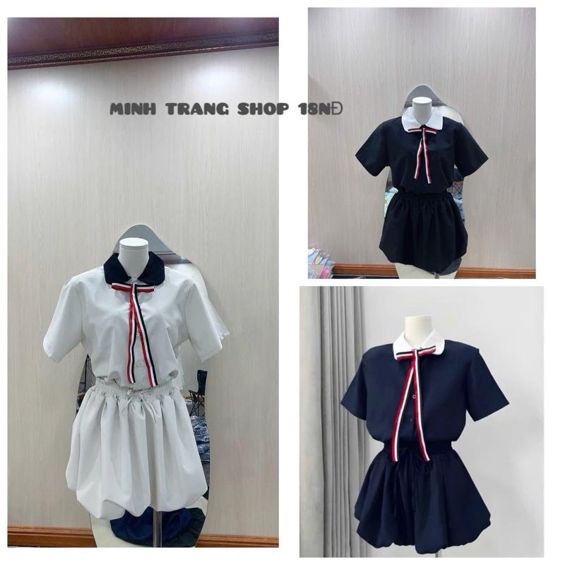 ( Set tặng nơ )Set sơ mi mix Váy dáng boom 2 lớp chất tuyết hàn , Kèm nơ kẻ sọc tiểu thư thư sinh cute dễ thương