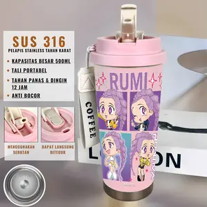 Tumbler Rumi Mira and Zoey Huntrix Kpop Demon Hunters kapasitas 500ml Stainless Steel 316 Portable Botol Minum Simple Stylish & Aesthetic Dengan Sedotan CUPLXTK8113