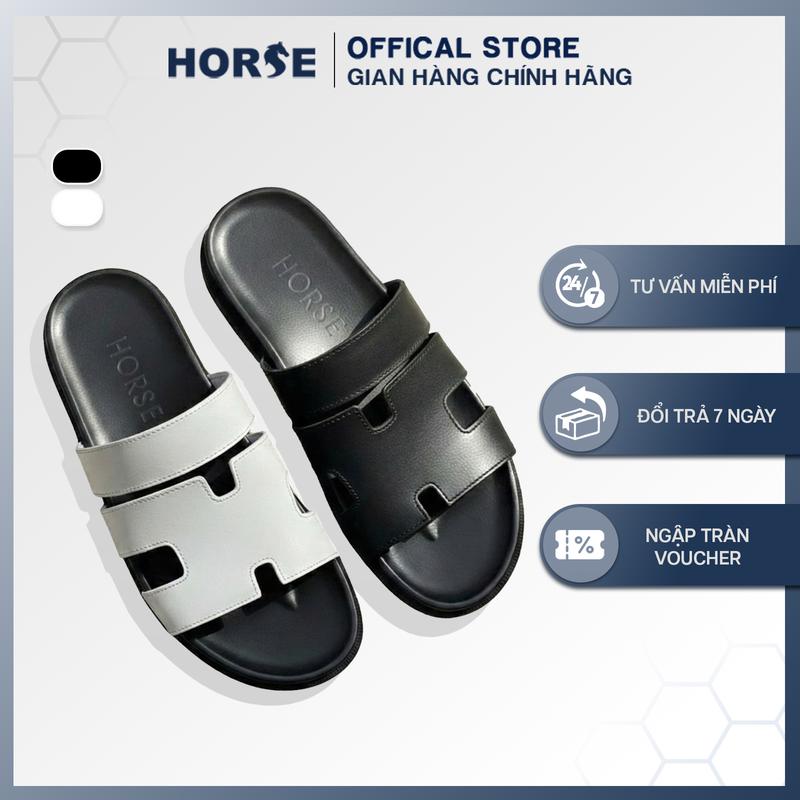    Horse Store   - Dép Da Bò Chữ H Quai Ngang Thời Trang Nam Nữ Đế Cao Su  Lót Đế Êm  2 Màu Đen Trắng  - HQUAI01. 
