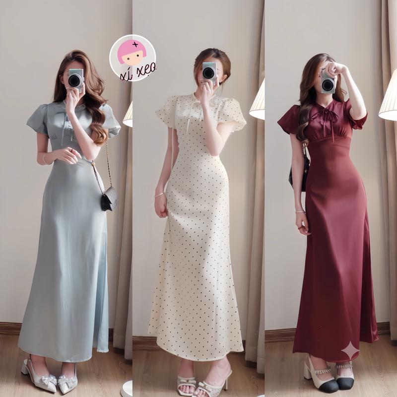 Váy lụa XIXEOSHOP cổ tròn thắt nơ dáng dài tay phồng hàn quốc - V260,V265