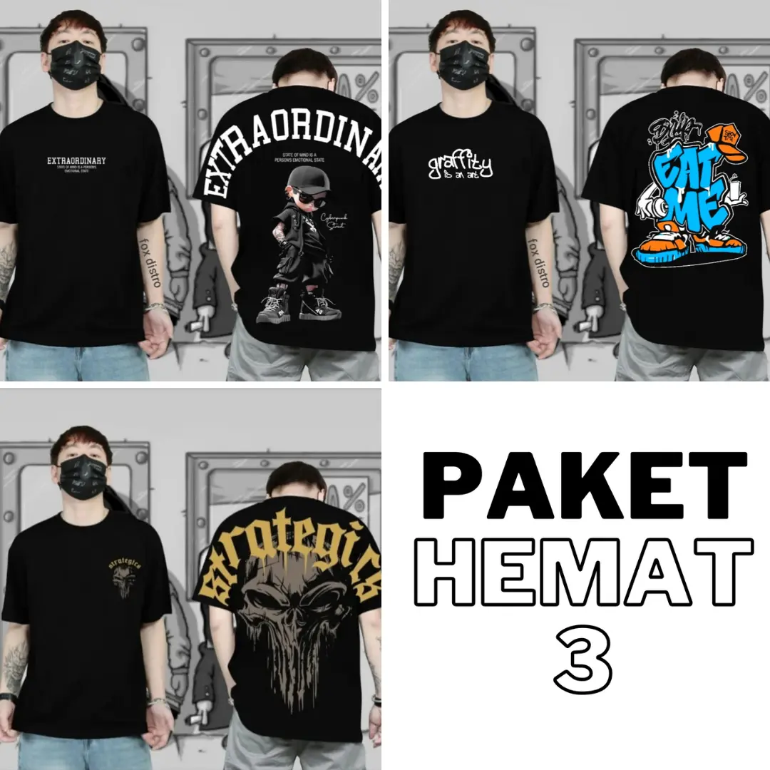 Atasan Baju Kaos T-Shirt Pria Distro Streetwear PAKET HEMAT 3PCS 100 RIBUAN Lengan Pendek Terbaru Keren Viral - COD katun combed bajudistro