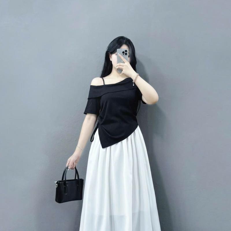 Áo kiểu Bigsize trễ vai vạt nhọn dáng vừa trễ vai che bụng cực tốt chất vải thun gân mềm mịn co giản cực tốt- G213