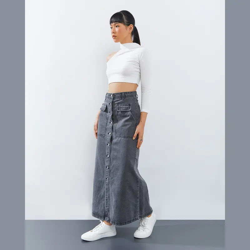 Onetta -  HARPER (Light Grey) - Rok Jeans  Maxi Panjang  Denim Wanita  Kerja High Waist A Line Hijab Friendly Motif Kancing 5