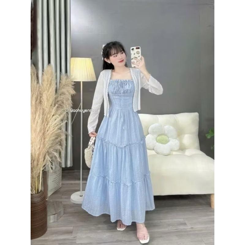 Mèo Mỡ Bigsize — Set đầm maxi voan tơ xanh dương kèm áo khoác trắng dáng dài bigsize 60-90kg