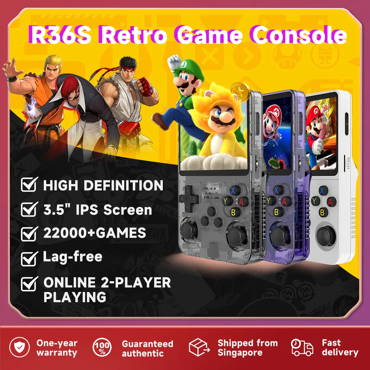 [SG Stock] R36S retro handheld game console built-in 64G/128G memory card 22000+ games 3.5-inch HD screen long battery life children's gift
