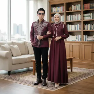 Solo Batik Store - Terbaru Couple Gamis Burgundy Baju Lebaran 2025 Maxi Dress Pasangan Kondangan Pesta Wanita Gamis Bridesmaid Tungangan Lamaran Wisuda Outfit Couple Sarimbit Keluarga Mewah