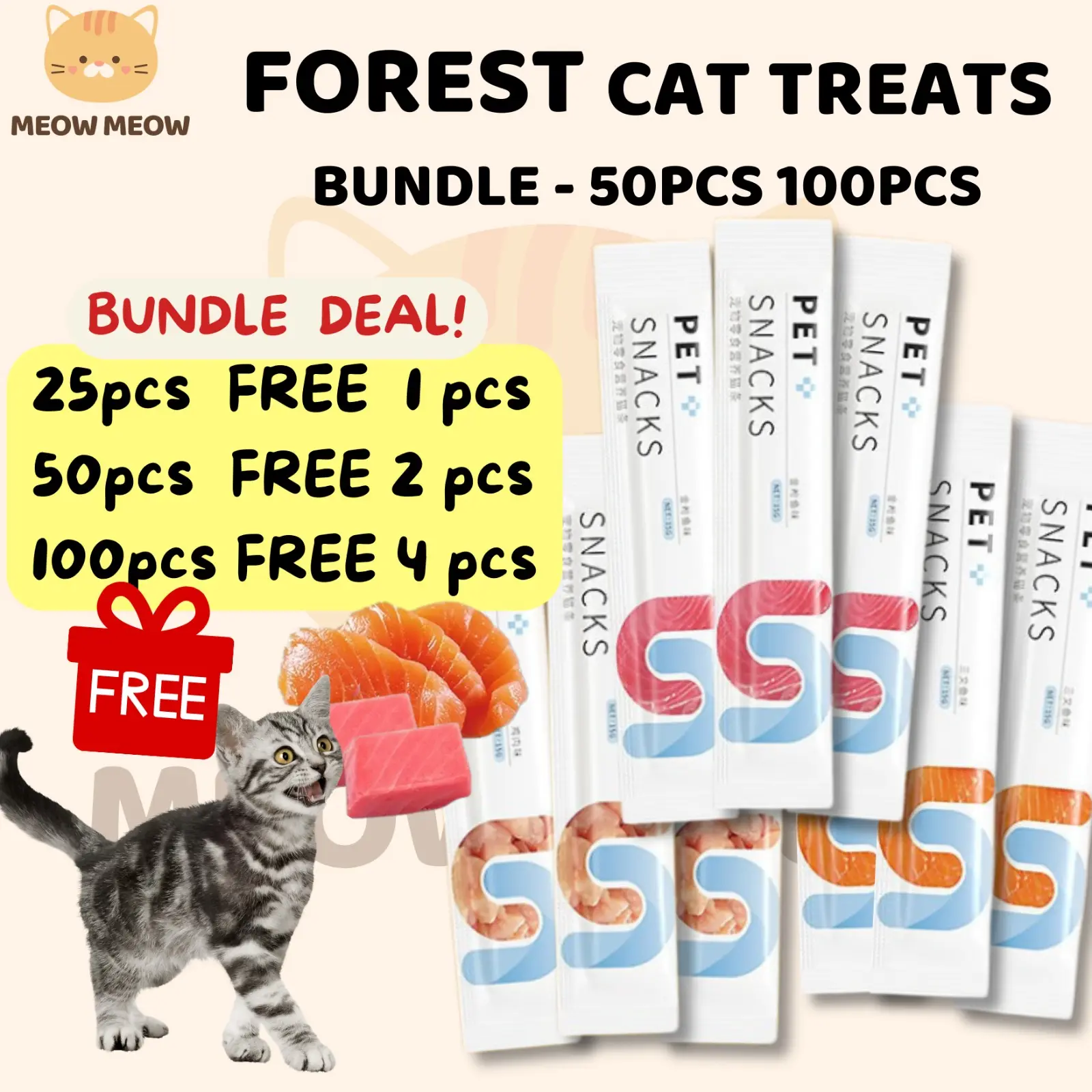 【Buy 100pcs FREE 4pcs】Bundle 25 / 50 / 100pcs FOREST Cat Sticks 15g Cat Creamy Treats Cat Snack Real meat Wet Food