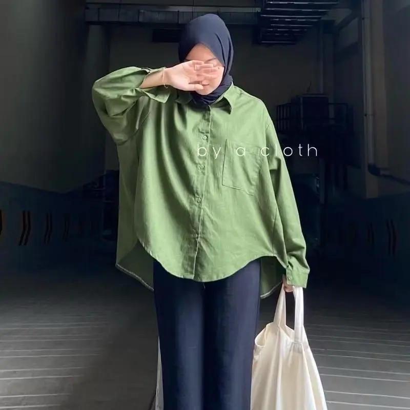 Atasan Wanita Kemeja Olive Lengan Panjang Polos Premium 1