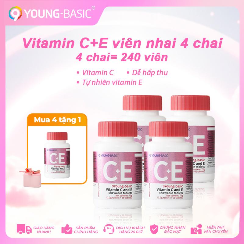  【Mua 4 lọ Viên nhai Vitamin C+E đc quà tặng Viên nhai Vitamin C+E 1 lọ 9YOUNG-BASIC MOH chứng nhận  vitamin C+E viên nhai 4 chai,tổng cộng 1.2g x 240 viên 1 viên chứa  Vitamin C 27.8 mg Tự nhiên vitamin E 2.82 mg,vitamin tổng hợp | Tỷ lệ khoa học 