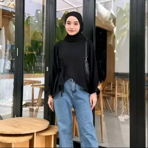 Blouse Polo Linen Belah depan tali  Baju atasan Wanita 0
