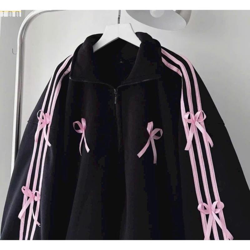Áo Khoác Nữ Women Jacket Cổ Trụ Dây Kéo Form Rộng Đính Nơ Dễ Thương Top bán chạy 7