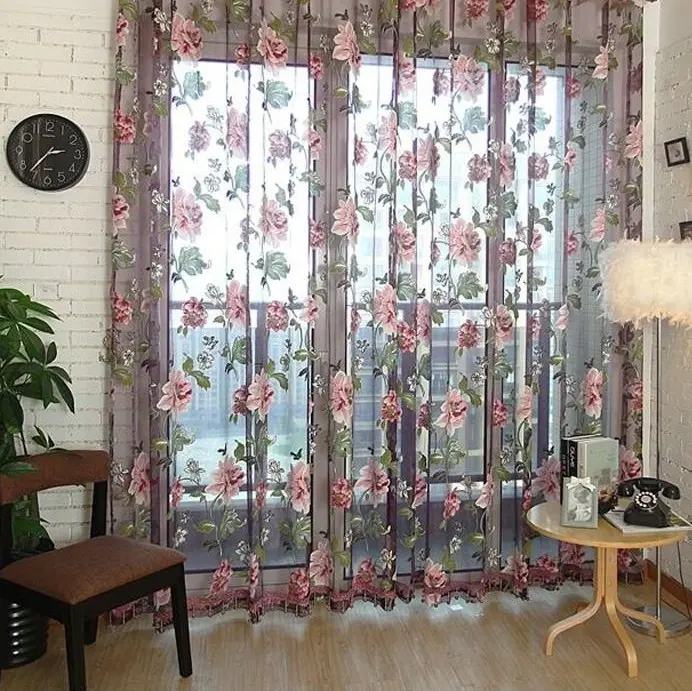 Romantic Floral Tulle Voile Door Window Curtain Drape Panel Sheer Scarf Valances
