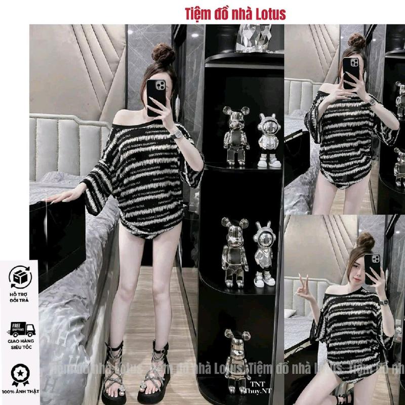 Áo thun nữ A103 - Sọc Phối Chữ Tay Lỡ Sang Chảnh Cho Nữ 4 Mùa Tiệm đồ nhà Lotus