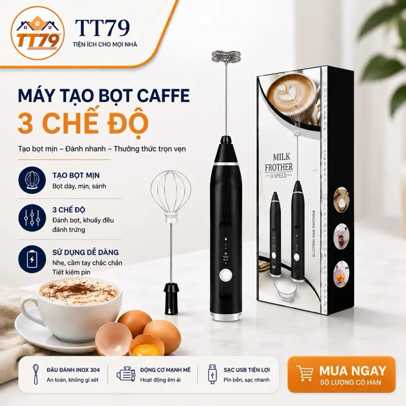 (Tặng kèm dây sạc) Máy tạo bọt cà phê , máy đánh trứng thiết kế nhỏ gọn 2 đầu đánh