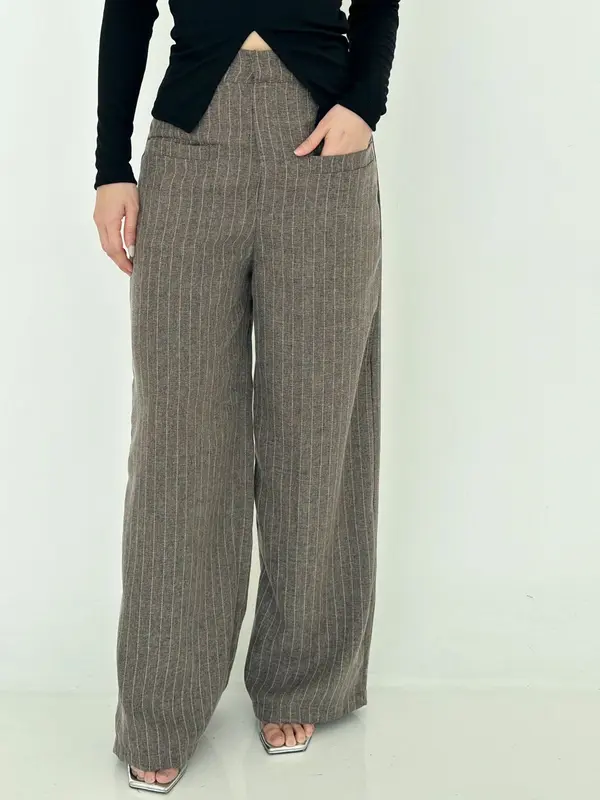 [Poshy] Kimberly Loose Stripe Pants Highwaist Semiwool Pockets Celana Panjang Wanita Premium Straight Trouser Celana Garis 7