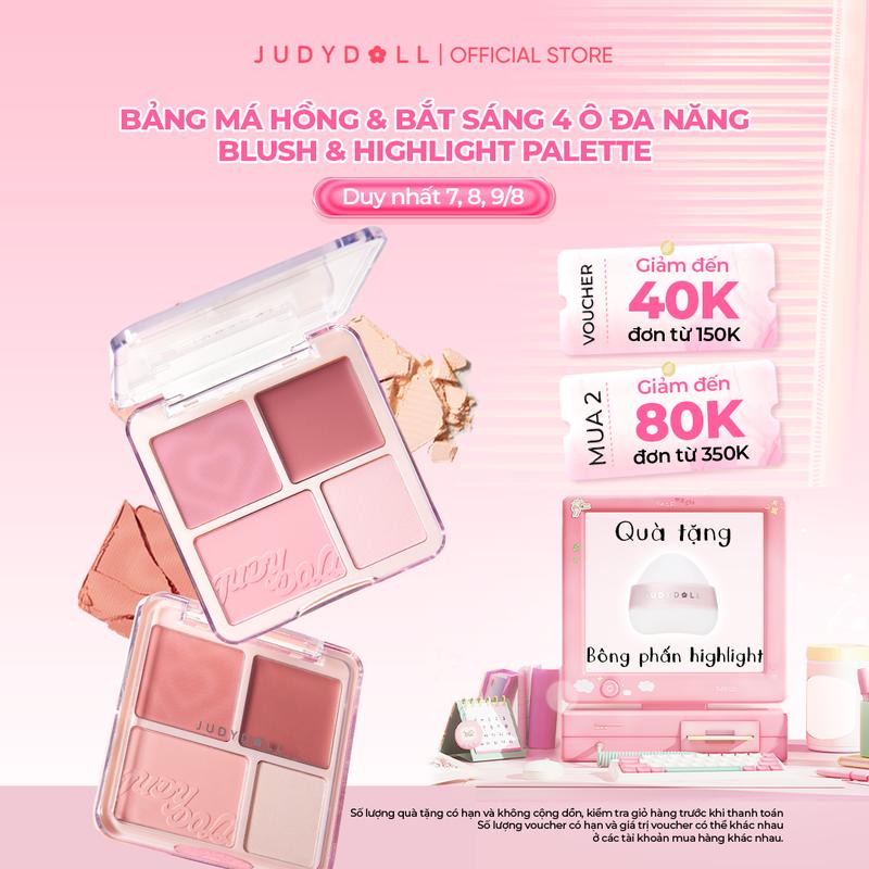 [NEW] JUDYDOLLL Bảng Phấn Má hồng & Bắt sáng 4 ô 2-Trong-1 Blush & Highlight Palette 9g Trang Điểm