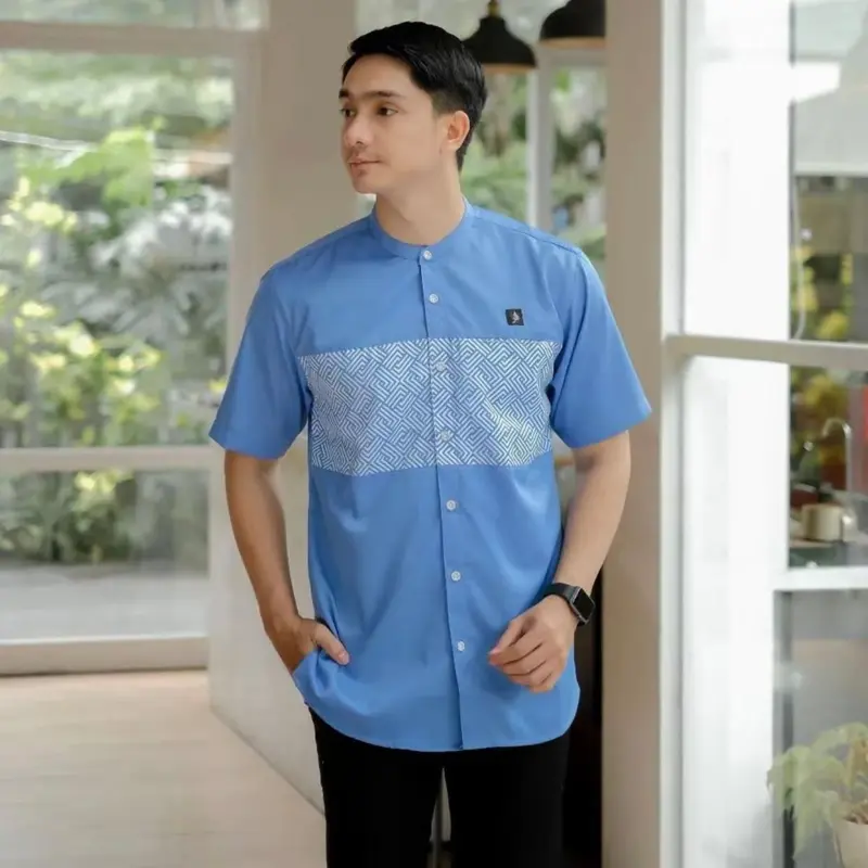 Baju Koko Pria JUMBO Kurta Kemko Sublim Katun Lengan Pendek Garis Kombinasi Muslim Dewasa Motif terbaru KAUTSAR lebaran 2025 3