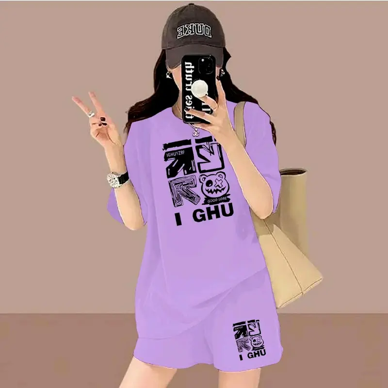 Setelan Celana Pendek dan Lengan Pendek Wanita bahan baby terry- Model Terbaru -setelan santai Atasan Motif printing Baju Kaos Hitam Cewek Nyaman Lembut Kerah bulat Panjang Topi 2