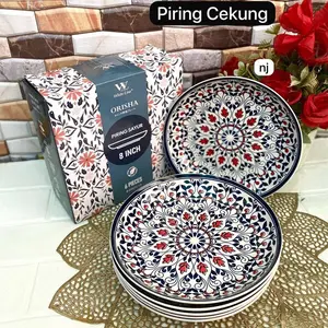 Piring Omega Keramik Estetik Isi 6pcs Motif Cantik Tebal - Kitchenware