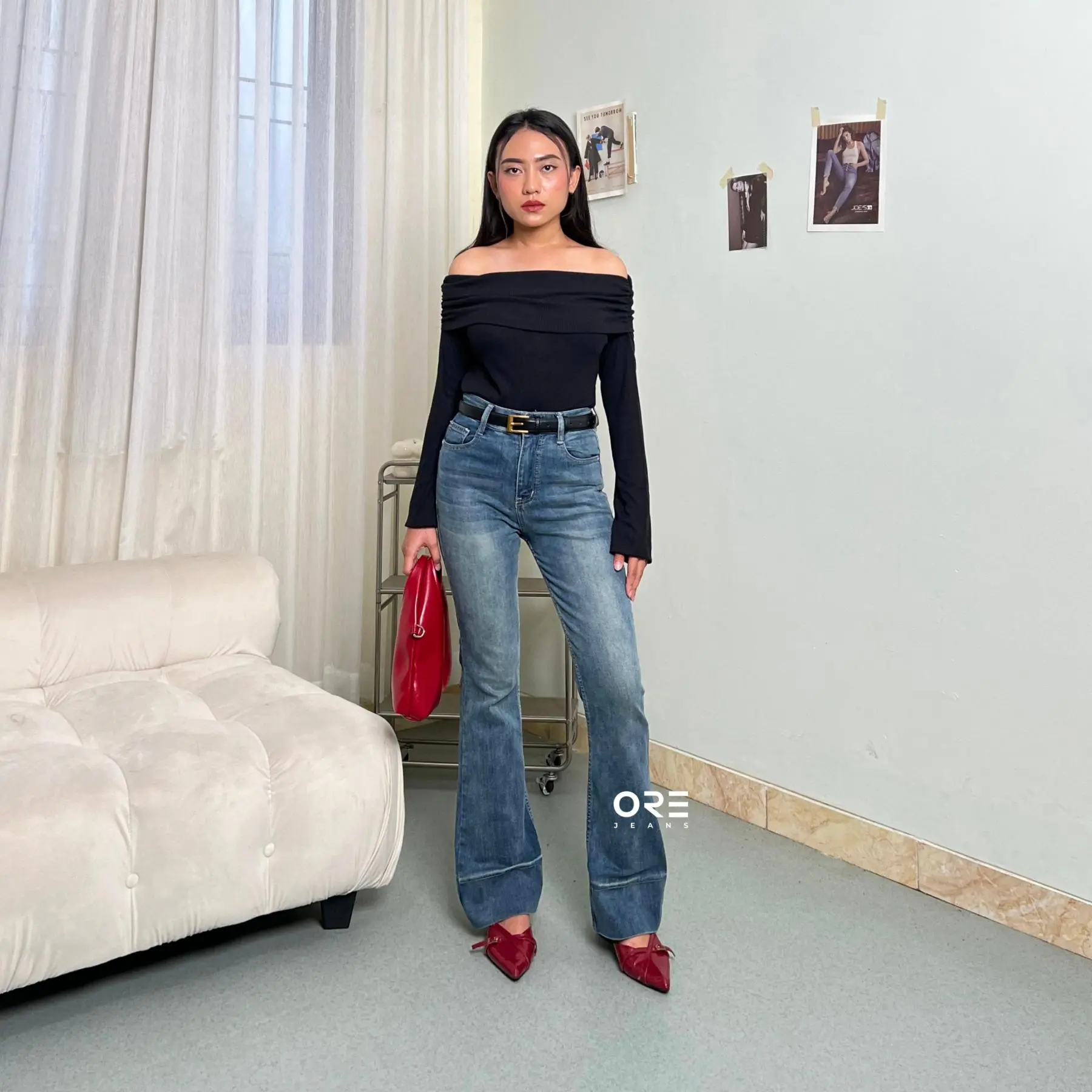 ORE - Jennie Cutbray Jeans Highwaist Lipatan Kaki Besar Jeans Strecht