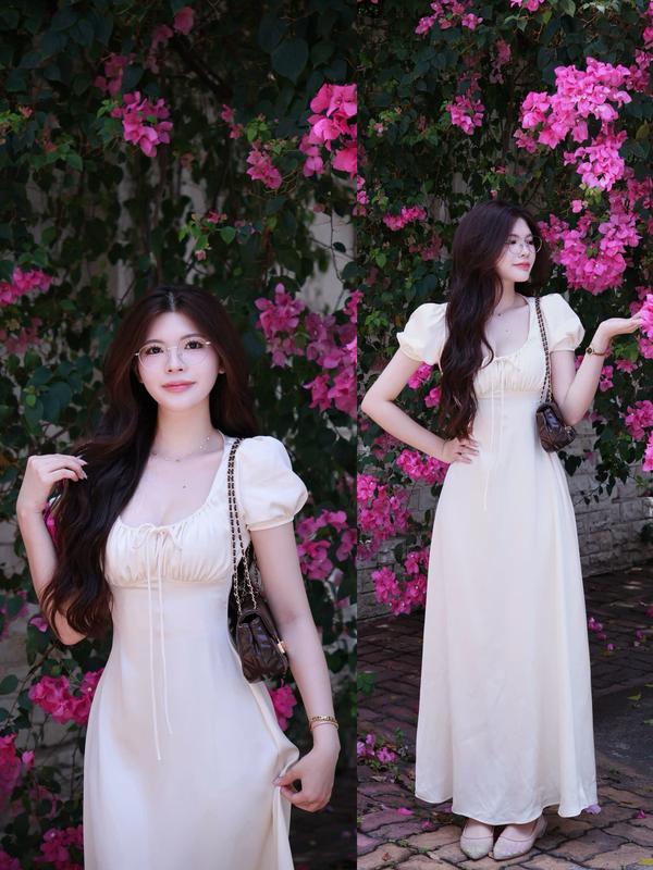 Motphimshop Váy Lụa Đầm Lụa Cổ U Dây Rút Tay Phồng - SEAN DRESS - PM2105