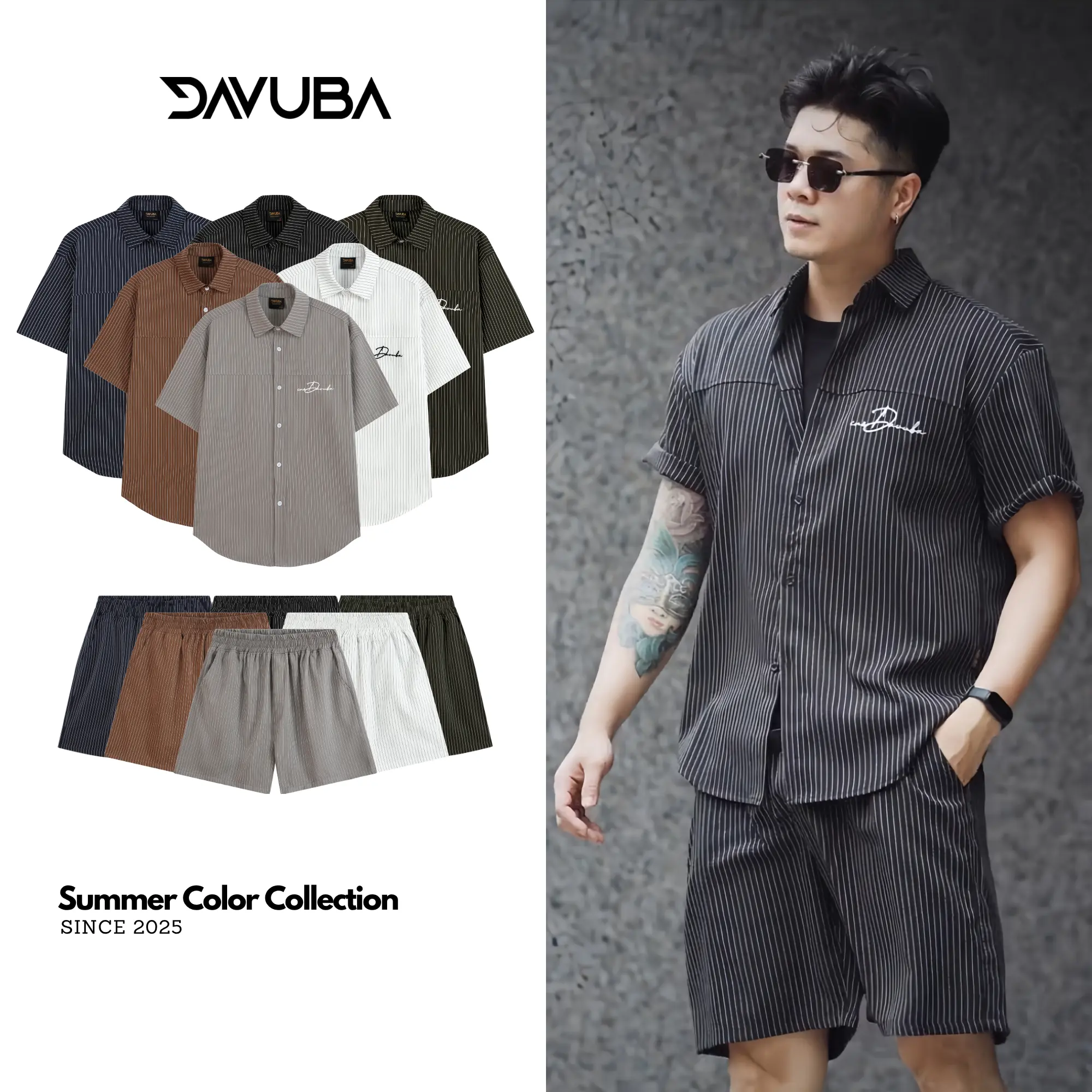 [DEAL MỞ BÁN] Bộ quần áo DAVUBA kẻ sọc cộc tay nam nữ logo thêu SM130