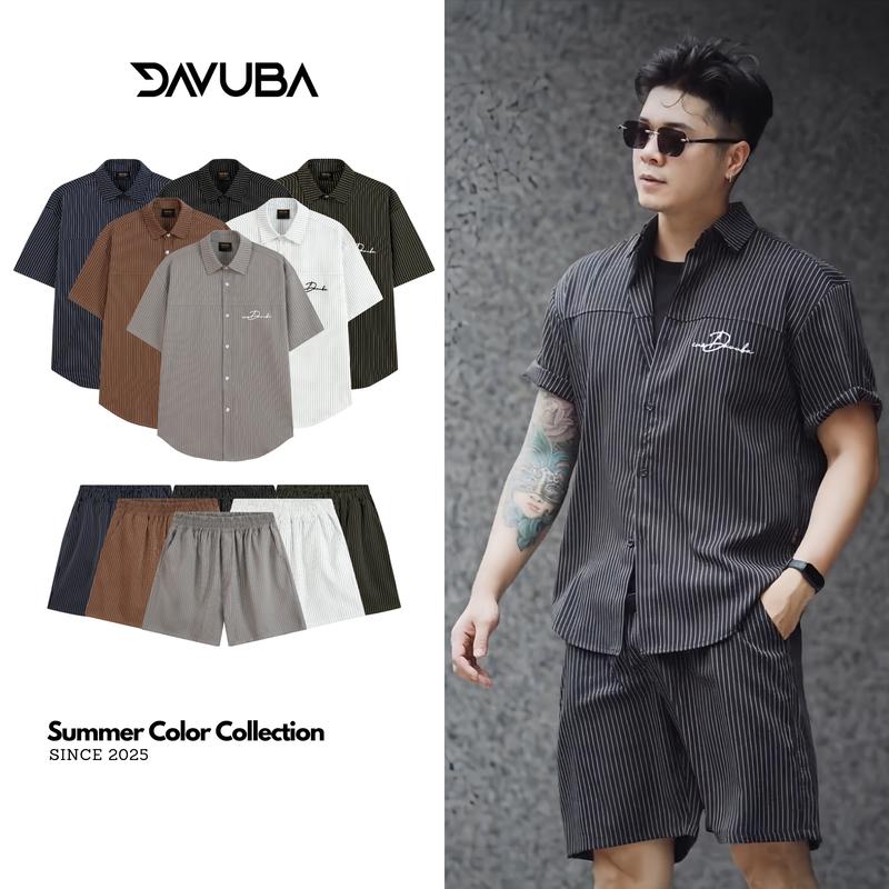 DEAL MỞ BÁN Bộ quần áo DAVUBA kẻ sọc cộc tay nam nữ logo thêu SM130