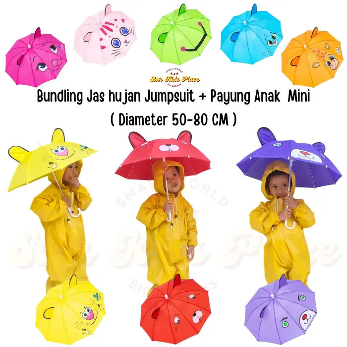 PAKET JAS HUJAN JUMPSUIT ANAK DAN PAYUNG ANAK KUPING MINI KARAKTER 0