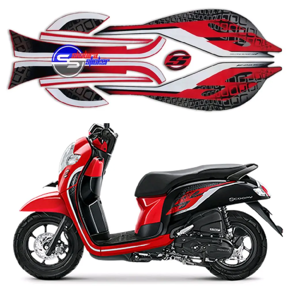 Striping Stiker Motor Honda Scoopy Sporty 2019 Hitam Merah  Fullset Motorcycle