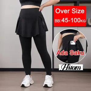 HOTSHOW Celana Legging Rok Olahraga Wanita Sport Jumbo 2 in 1 High Waist Cewek Berkantong untuk Yoga & Tennis Pants Outdoor Hitam Over Size BB 45-100KG