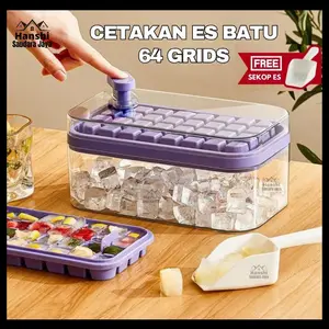 Cetakan Es Batu 64 Grid Silikon Tombol Otomatis Dengan Tutup / Wadah BPA Free Bonbox Sekop Es Hijau Ungu Cream Kitchenware