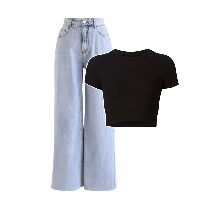 Styl Outfit  Ixora Set| One Set Wanita Korean Style ( Baju Crop Top - Celana Jeans ) Outfit Skena Atasan Cewek Kekinian 1