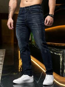 Jeans de hombre de tiro recto y corte entallado con tejido elástico, estilo casual de negocios moderno y versátil, pantalones largos de mezclilla, cintura natural, bragueta con cremallera, para todas las estaciones