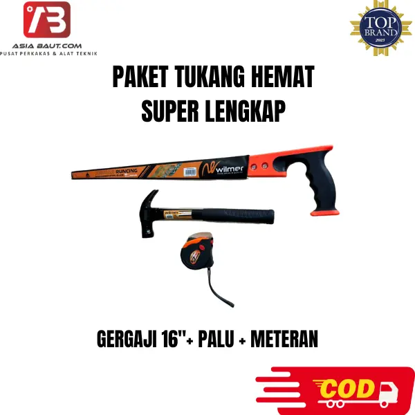 AB Paket Gergaji Tukang Lengkap Super Hemat: Gergaji Lancip 12inc, Meteran Karet 3 Meter & Palu GG Besi 8oz Tajam Siap Pakai
