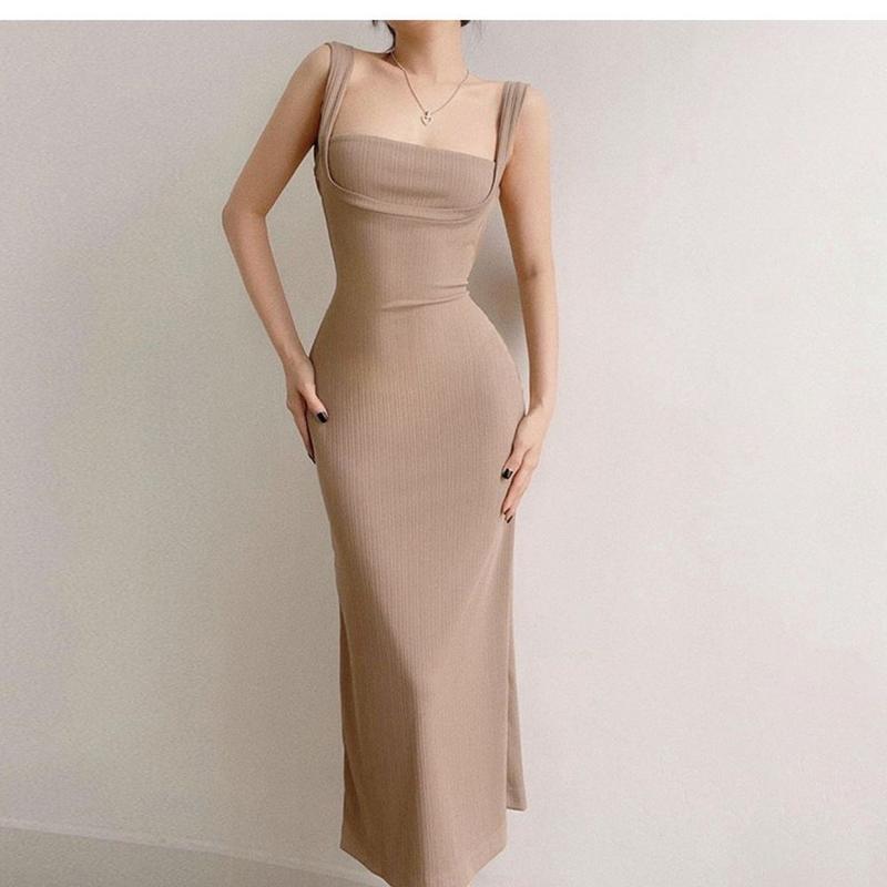 Product Introduction of Square neck sleeveless camisole backless dress for women, solid color fashionable Binding strap Retract your waist Wrap the buttocks bodycon mid length skirt 1