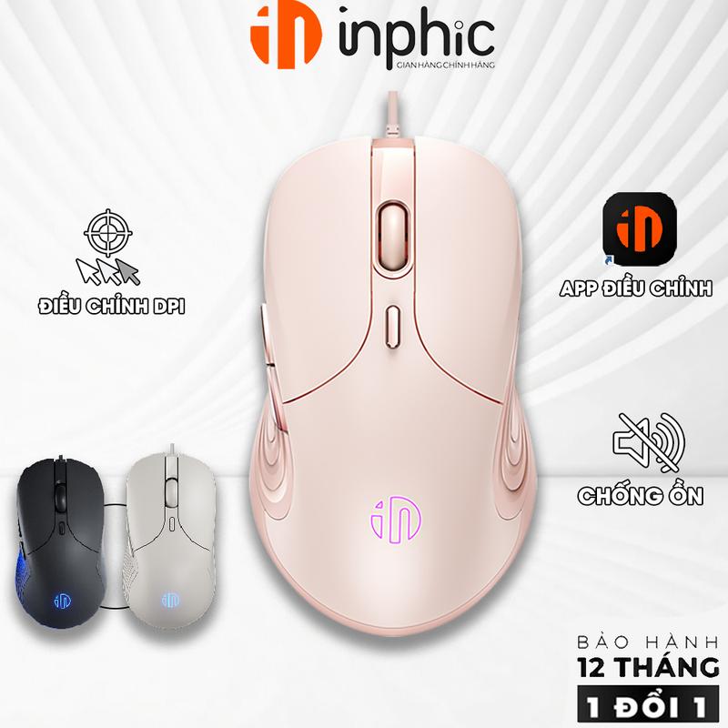 Chuột máy tính có dây cute INPHIC B8 hồng trà sữa silent chống ồn 6 nút bấm có app điều chỉnh cho laptop pc