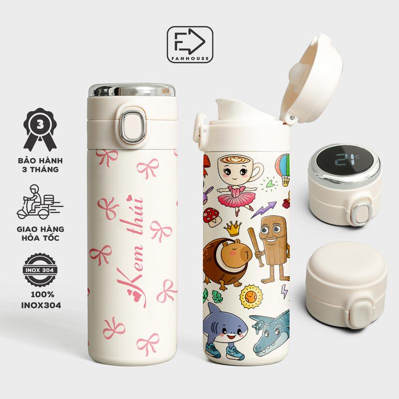 Bình giữ nhiệt Easy Cup dung tích 420ml chất liệu inox 304 nắp đo nhiệt độ Fan House khắc tên theo yêu cầu