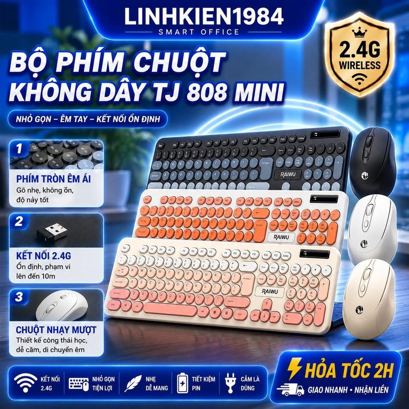 Bộ Phím Chuột Không Dây TJ808 Mini 2.4G Văn Phòng | Gõ Êm - Chuột Nhạy - Cắm Là Dùng | Tương Thích Laptop PC