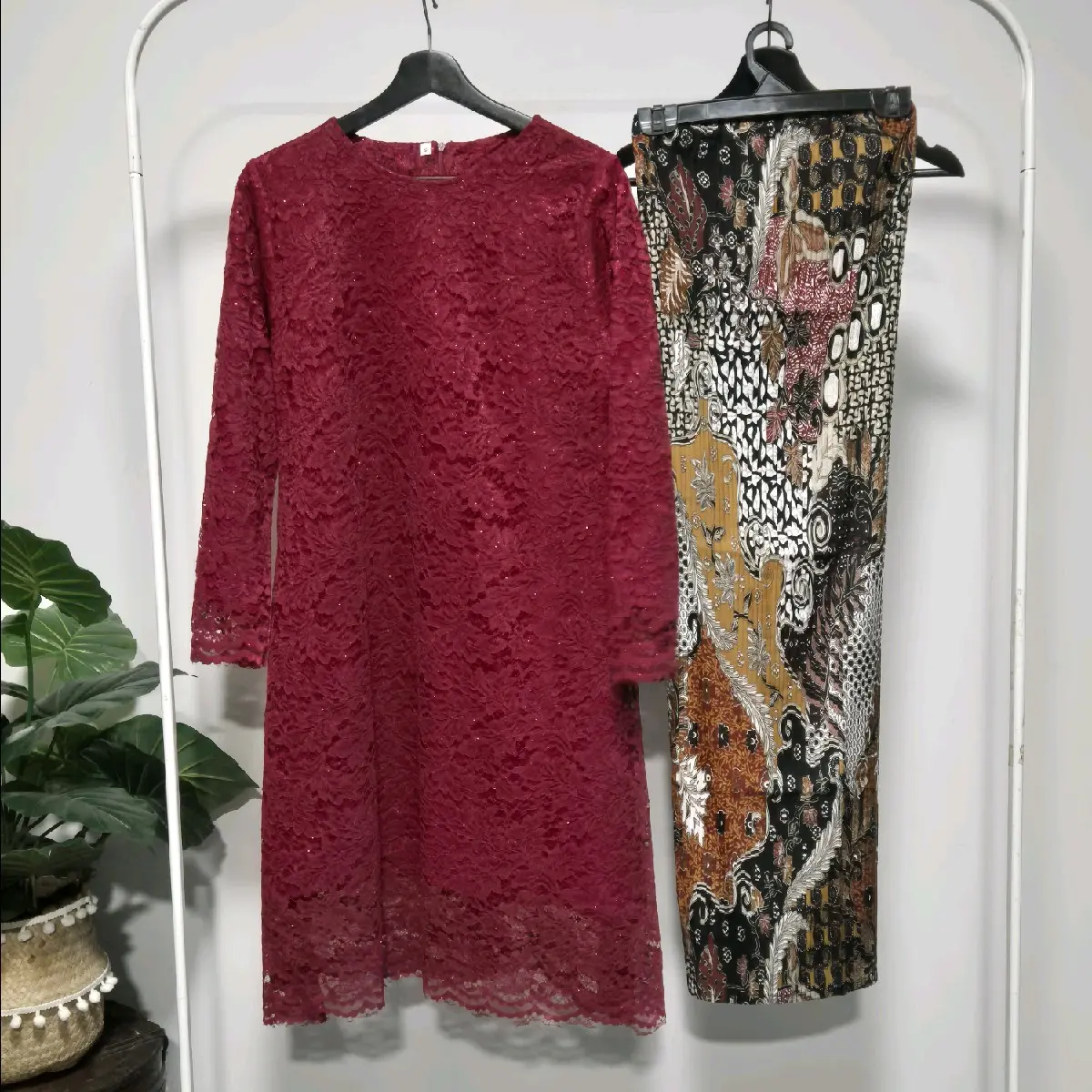 Lace Kurung with Pleated Batik Skirt