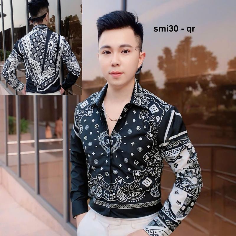 Áo sơ mi lụa nam họa tiết tròn một bên tay đen trắng hoa văn