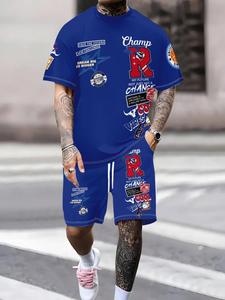 メンズ カジュアルプリント上下セット、半袖ラウンドネックTシャツ＆ショートパンツ、夏向けストリートファッション、快適な膝丈セットアップ