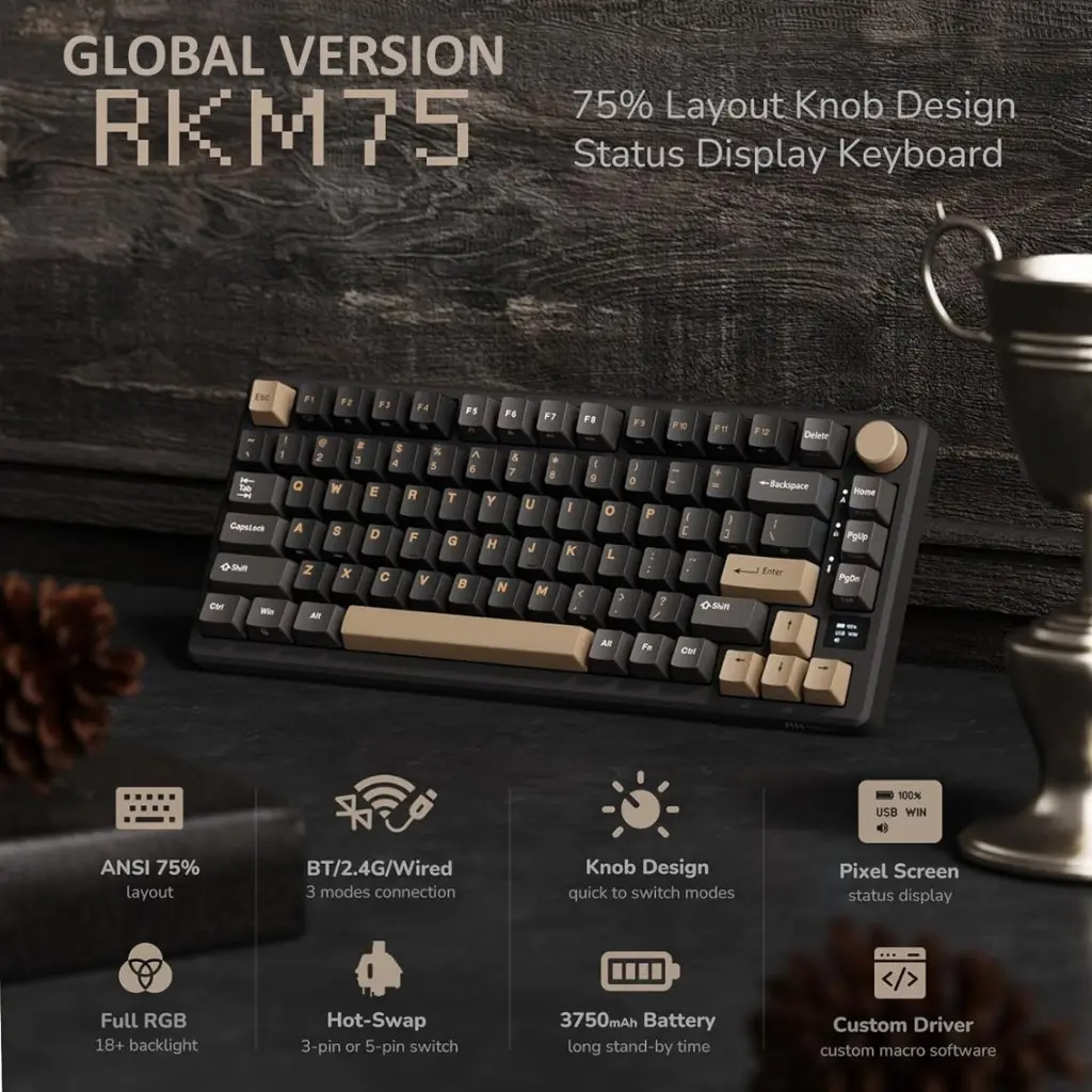 Royal Kludge RK M75 Wireless Mechanical Keyboard Gaming Tri Mode Digital Screen 75% Knob Gasket Mount RGB Programmable Bluetooth PC Mac Ios Android Tab Ipad