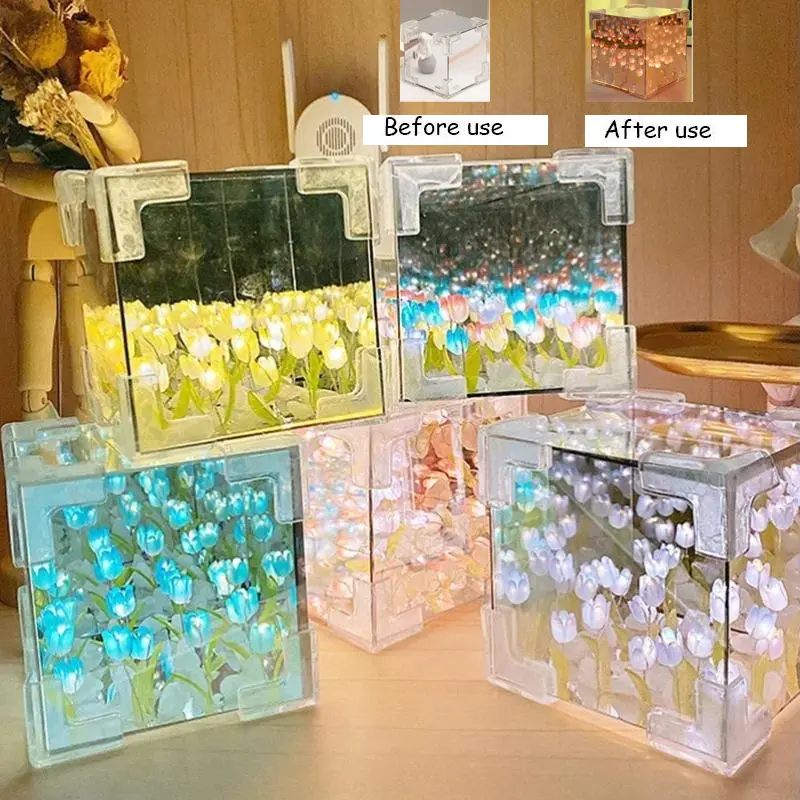 【COD】DIY Bunga Tulip  Box Malam    Bunga Tulip   Kamar Tidur Hadiah Liburan Bunga Tulip  Cermin  Kamar  12*12CM 21 lampu