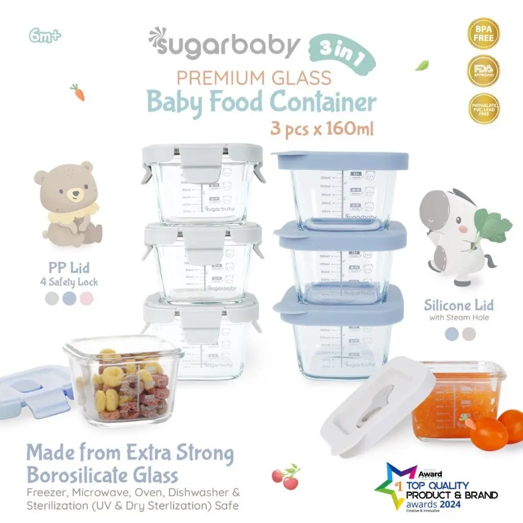 NEW SUGARBABY Premium Glass Jar Baby Food Container 3 pcs BPA FREE | SugarBaby Peralatan Makan Bayi MPASI | Sugar Baby Wadah Mangkok Bayi Silicone Lid & Plastic Lid TERMURA