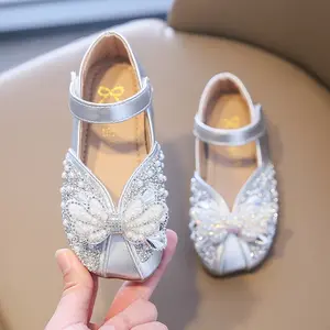 Sepatu Datar Kulit Ikatan Simpul Mutiara Manis Untuk Bayi Perempuan Sepatu Putri Anak Sol Lembut Antilicin Berlian Imitasi Bersinar 2-16 Tahun