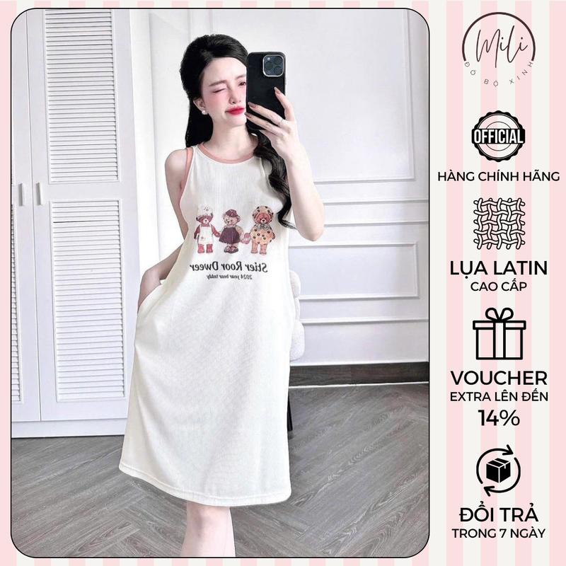 Đầm Ngủ Nữ MiLi – Váy Ngủ Thun Tăm Cao Cấp, Viền Nẹp Sang Xinh, In 3D Họa Tiết Hoạt Hình Dễ Thương – Đồ Bộ Mặc Nhà Nữ