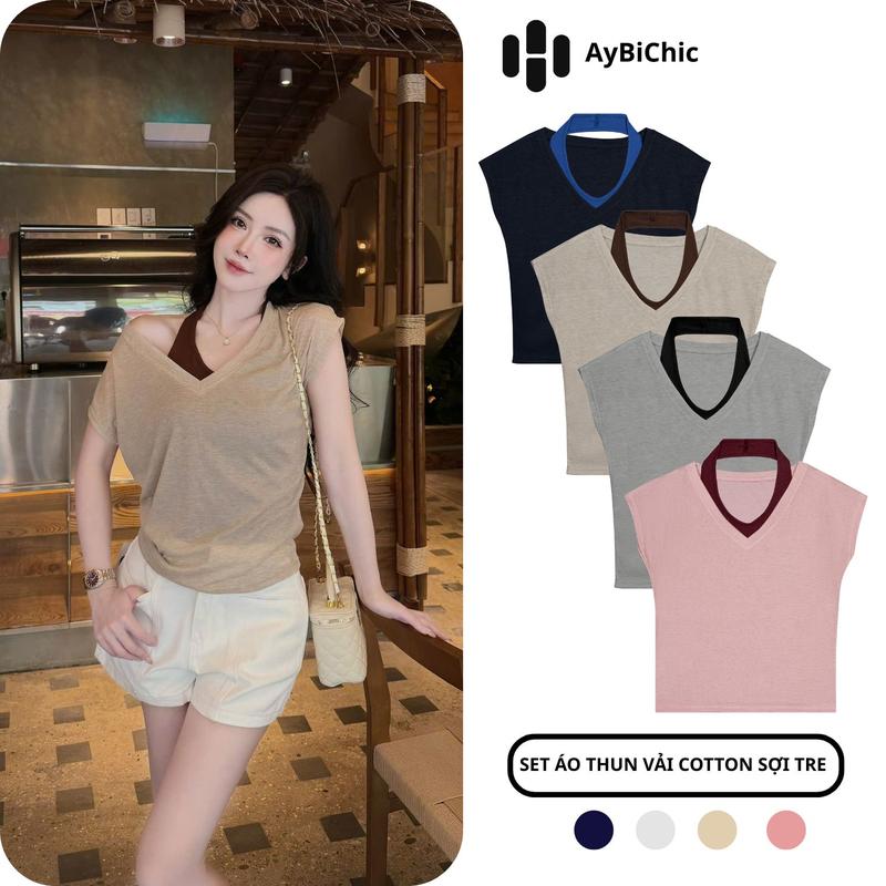 { VẢI COTTON SỢI TRE} Set Áo Thun Nữ 2 Áo Dáng Rộng Thoáng Mát Dễ Phối Đồ Chất…