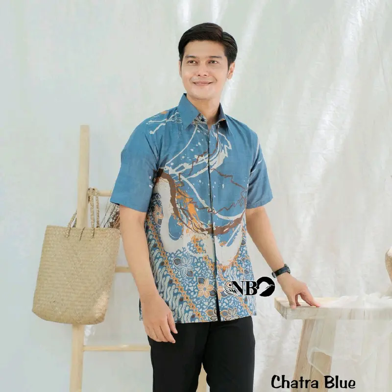 Kemeja Batik Pria Lengan Pendek Biru Katun Seragam Hem Atasan Motif Kancing Baju Navy - Size M L XL XXL - Panjang, Kerja 1