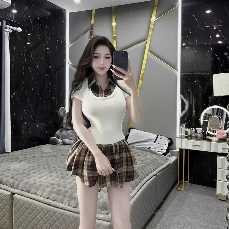 kèm quần rời Đầm Sơ Mi tùng Xoè Caro Phối Cổ Sành Điệu Thiết Kế Chất THun TĂm Phối Kate Thích Hợp Cho Nữ Mặc Đi Chơi Đi Làm